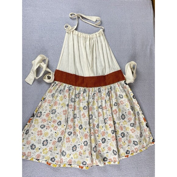 Full Apron Burnt Orange Burlap Pockets Floral Print Halter Smock Retro Inspired - Picture 3 of 15